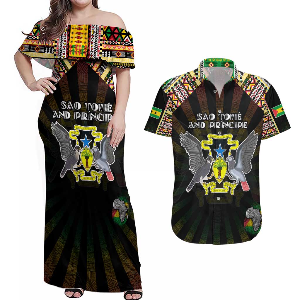 Personalized Sao Tome and Principe Roots Couples Matching Off Shoulder Maxi Dress and Hawaiian Shirt African Map in Fingerprint and Tribal Colors