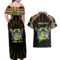 Personalized Sao Tome and Principe Roots Couples Matching Off Shoulder Maxi Dress and Hawaiian Shirt African Map in Fingerprint and Tribal Colors
