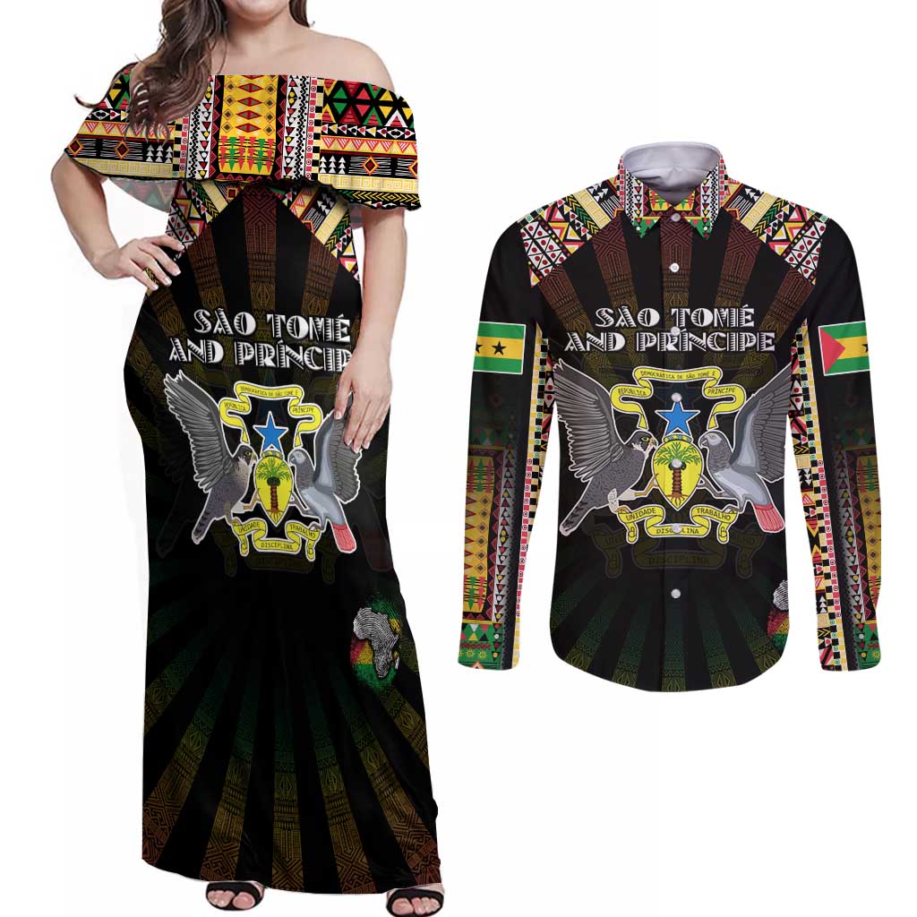 Personalized Sao Tome and Principe Roots Couples Matching Off Shoulder Maxi Dress and Long Sleeve Button Shirt African Map in Fingerprint and Tribal Colors