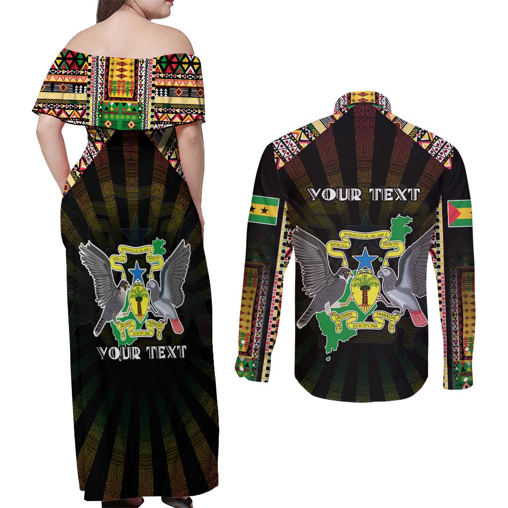 Personalized Sao Tome and Principe Roots Couples Matching Off Shoulder Maxi Dress and Long Sleeve Button Shirt African Map in Fingerprint and Tribal Colors
