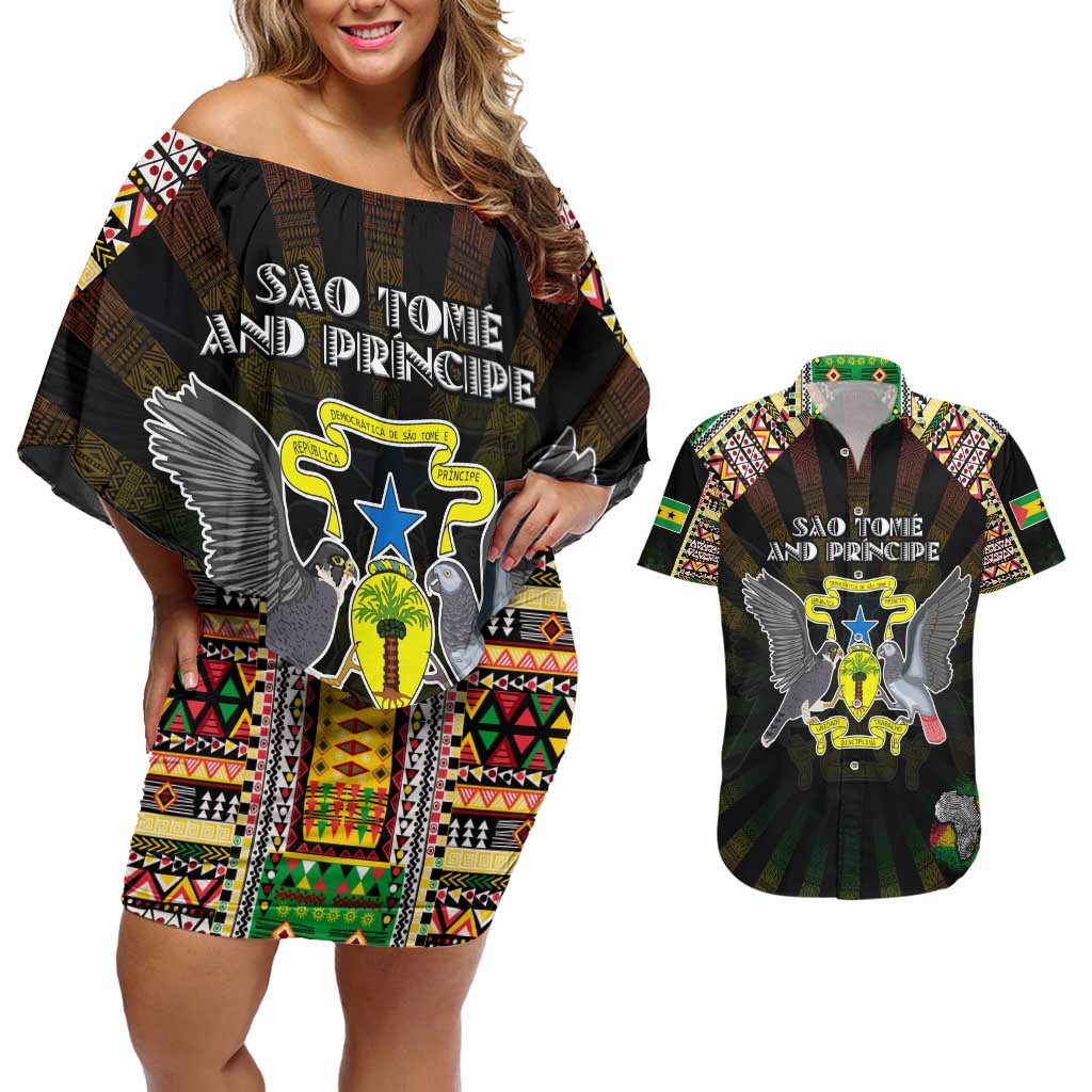 Personalized Sao Tome and Principe Roots Couples Matching Off Shoulder Short Dress and Hawaiian Shirt African Map in Fingerprint and Tribal Colors