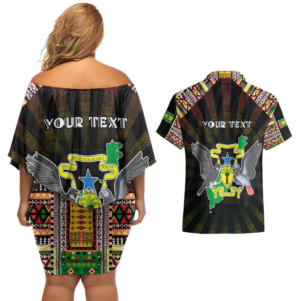 Personalized Sao Tome and Principe Roots Couples Matching Off Shoulder Short Dress and Hawaiian Shirt African Map in Fingerprint and Tribal Colors