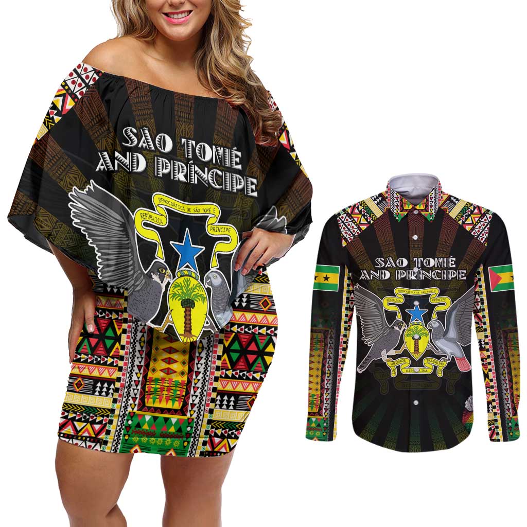 Personalized Sao Tome and Principe Roots Couples Matching Off Shoulder Short Dress and Long Sleeve Button Shirt African Map in Fingerprint and Tribal Colors