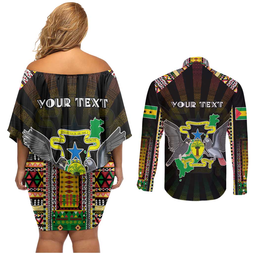 Personalized Sao Tome and Principe Roots Couples Matching Off Shoulder Short Dress and Long Sleeve Button Shirt African Map in Fingerprint and Tribal Colors