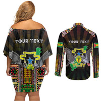 Personalized Sao Tome and Principe Roots Couples Matching Off Shoulder Short Dress and Long Sleeve Button Shirt African Map in Fingerprint and Tribal Colors