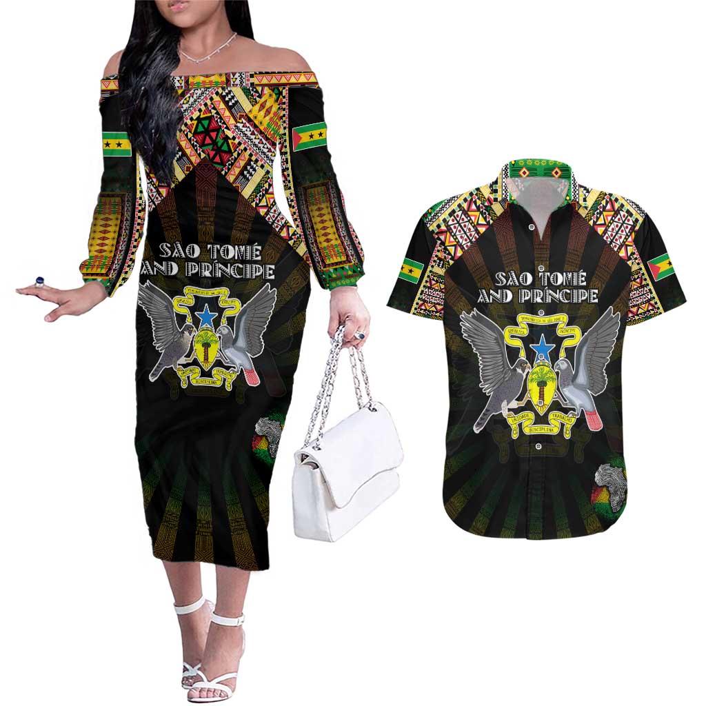 Personalized Sao Tome and Principe Roots Couples Matching Off The Shoulder Long Sleeve Dress and Hawaiian Shirt African Map in Fingerprint and Tribal Colors
