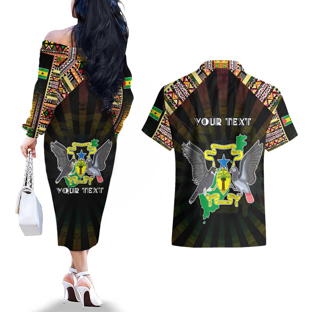 Personalized Sao Tome and Principe Roots Couples Matching Off The Shoulder Long Sleeve Dress and Hawaiian Shirt African Map in Fingerprint and Tribal Colors