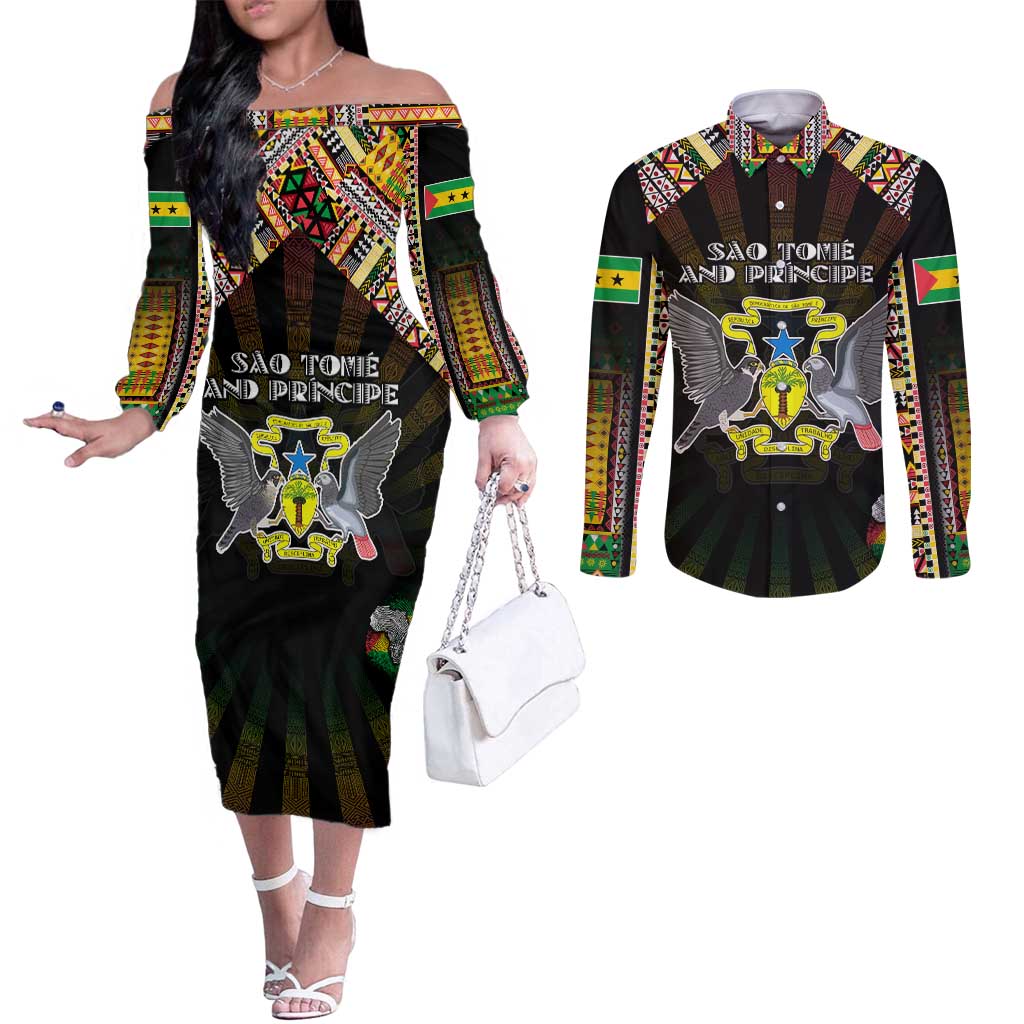 Personalized Sao Tome and Principe Roots Couples Matching Off The Shoulder Long Sleeve Dress and Long Sleeve Button Shirt African Map in Fingerprint and Tribal Colors