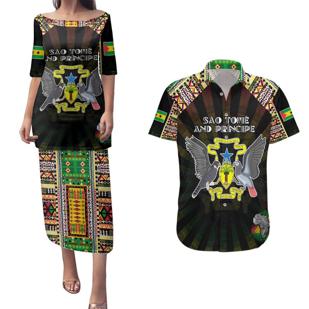 Personalized Sao Tome and Principe Roots Couples Matching Puletasi and Hawaiian Shirt African Map in Fingerprint and Tribal Colors