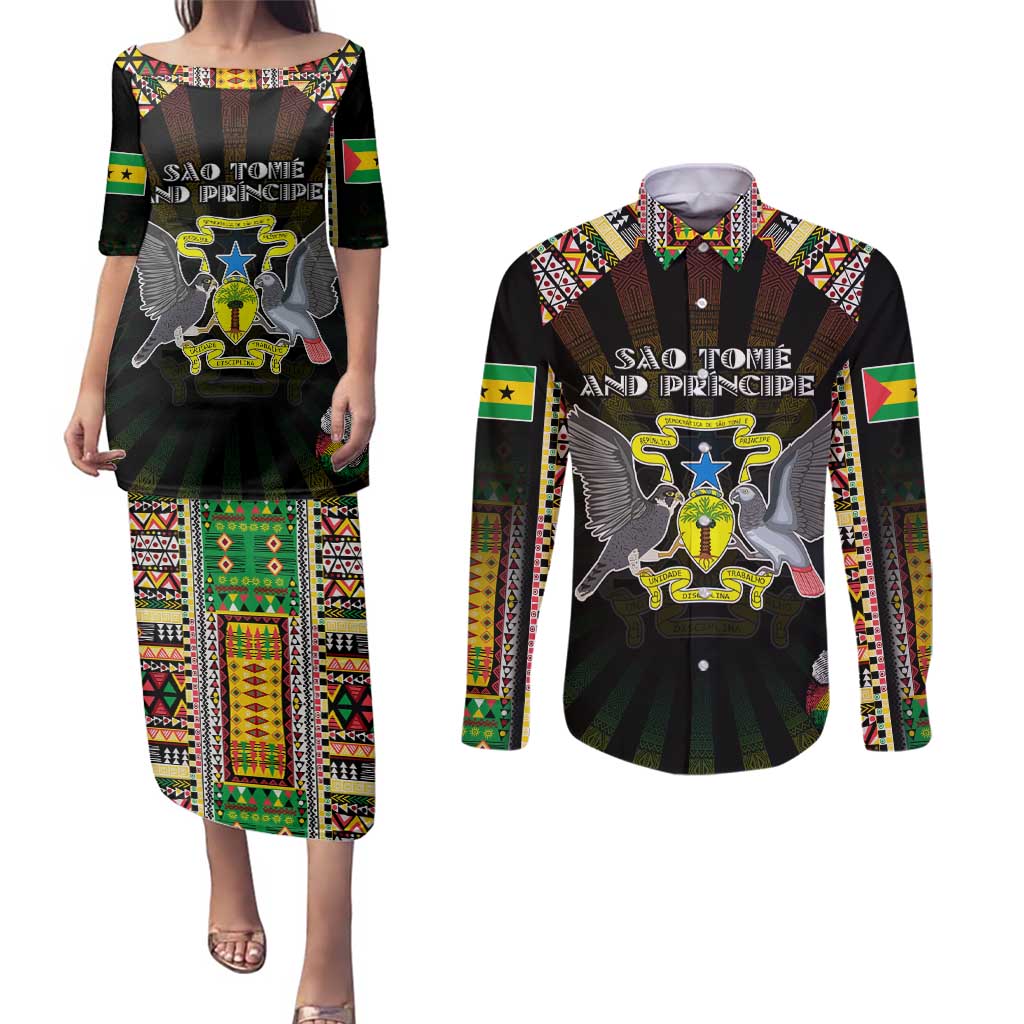 Personalized Sao Tome and Principe Roots Couples Matching Puletasi and Long Sleeve Button Shirt African Map in Fingerprint and Tribal Colors