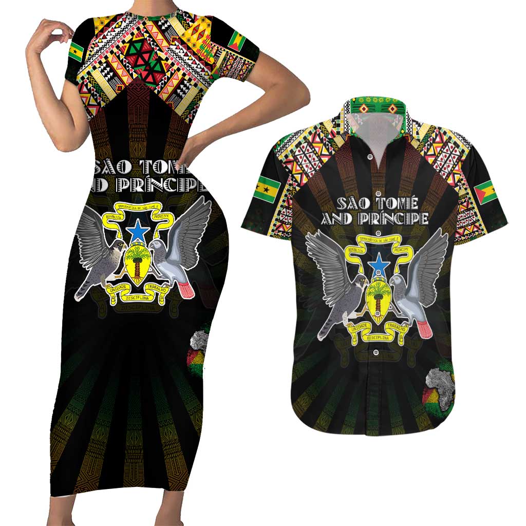 Personalized Sao Tome and Principe Roots Couples Matching Short Sleeve Bodycon Dress and Hawaiian Shirt African Map in Fingerprint and Tribal Colors
