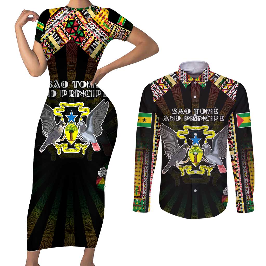 Personalized Sao Tome and Principe Roots Couples Matching Short Sleeve Bodycon Dress and Long Sleeve Button Shirt African Map in Fingerprint and Tribal Colors