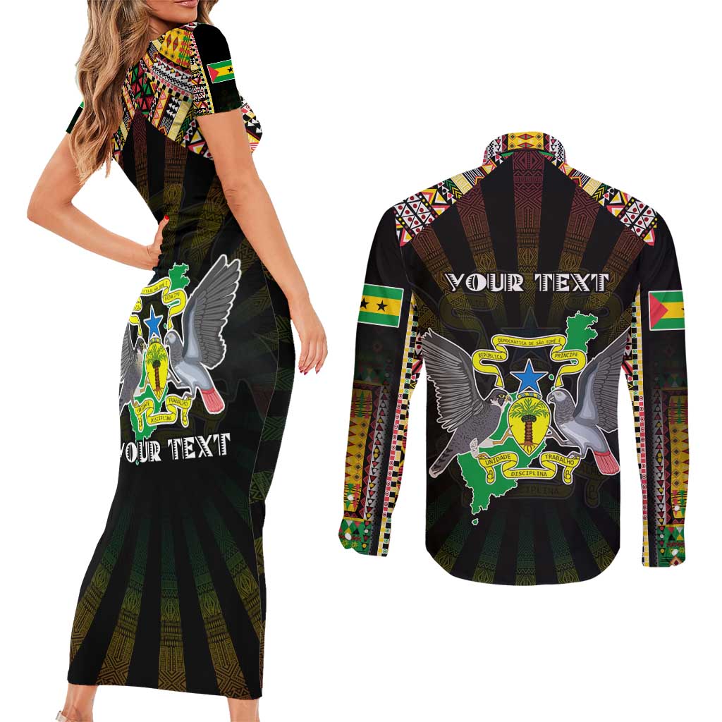 Personalized Sao Tome and Principe Roots Couples Matching Short Sleeve Bodycon Dress and Long Sleeve Button Shirt African Map in Fingerprint and Tribal Colors