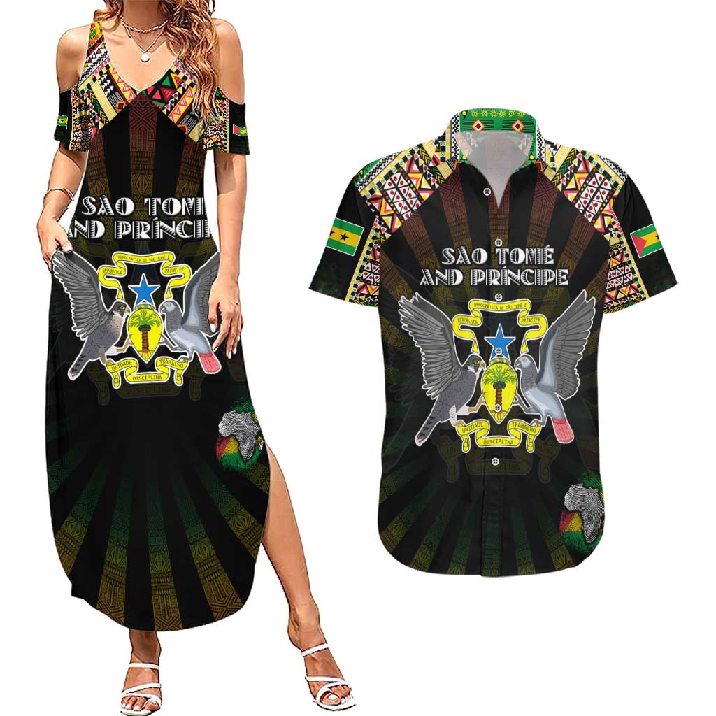 Personalized Sao Tome and Principe Roots Couples Matching Summer Maxi Dress and Hawaiian Shirt African Map in Fingerprint and Tribal Colors