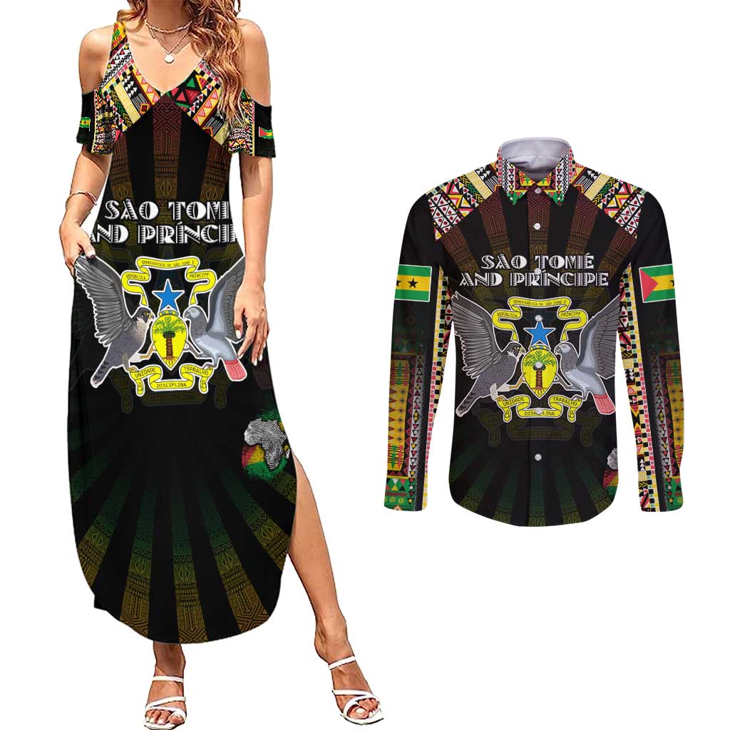 Personalized Sao Tome and Principe Roots Couples Matching Summer Maxi Dress and Long Sleeve Button Shirt African Map in Fingerprint and Tribal Colors