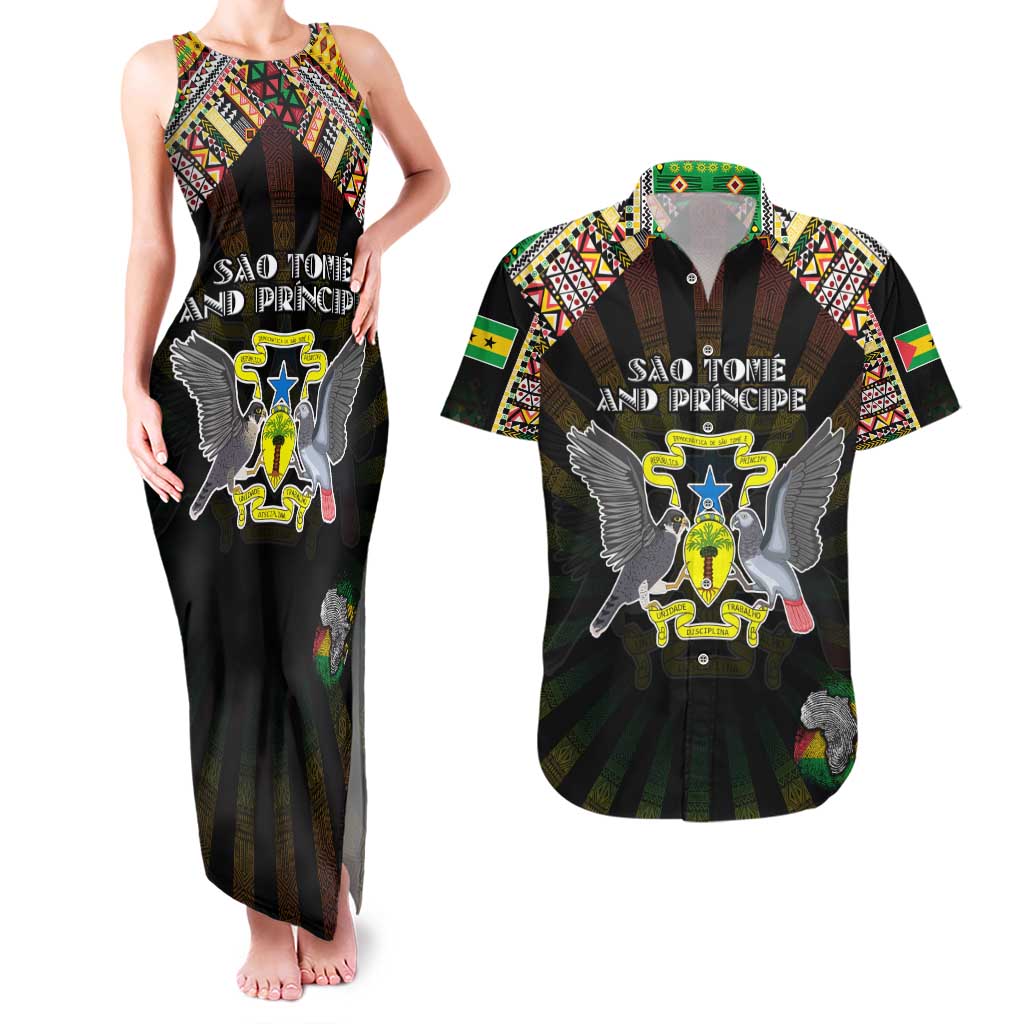 Personalized Sao Tome and Principe Roots Couples Matching Tank Maxi Dress and Hawaiian Shirt African Map in Fingerprint and Tribal Colors
