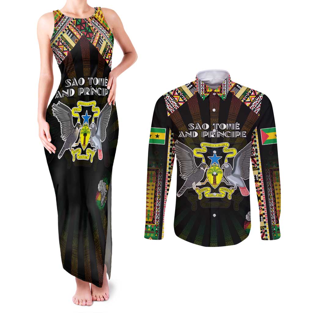 Personalized Sao Tome and Principe Roots Couples Matching Tank Maxi Dress and Long Sleeve Button Shirt African Map in Fingerprint and Tribal Colors