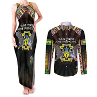 Personalized Sao Tome and Principe Roots Couples Matching Tank Maxi Dress and Long Sleeve Button Shirt African Map in Fingerprint and Tribal Colors