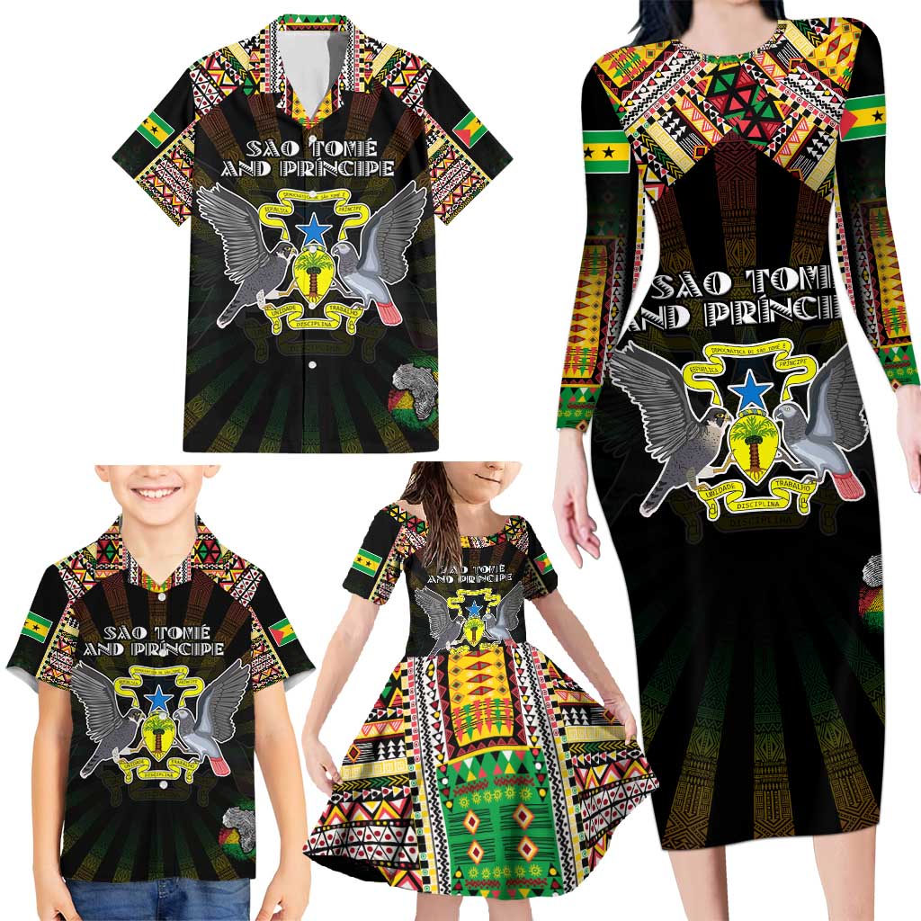 Personalized Sao Tome and Principe Roots Family Matching Long Sleeve Bodycon Dress and Hawaiian Shirt African Map in Fingerprint and Tribal Colors