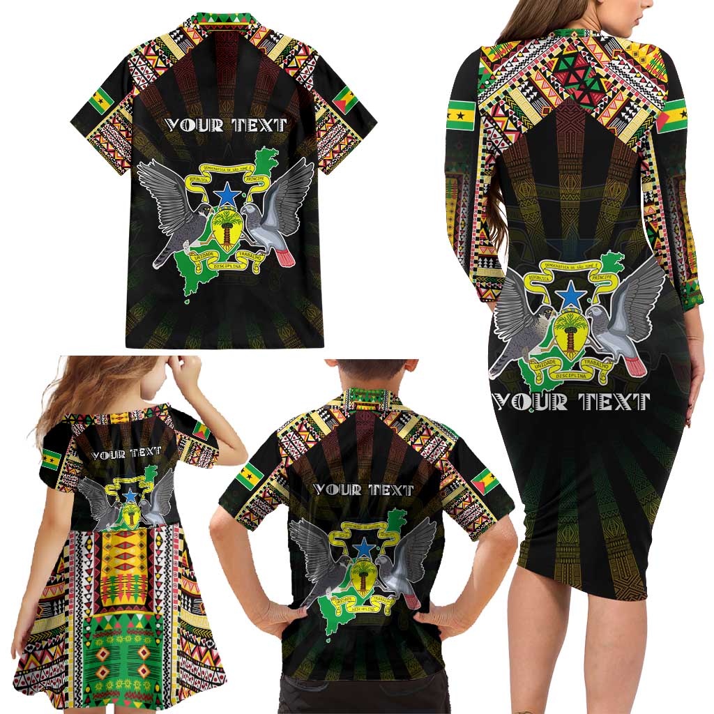 Personalized Sao Tome and Principe Roots Family Matching Long Sleeve Bodycon Dress and Hawaiian Shirt African Map in Fingerprint and Tribal Colors