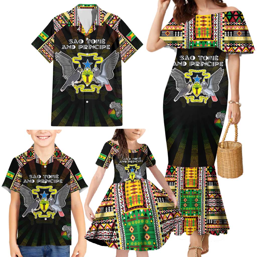 Personalized Sao Tome and Principe Roots Family Matching Mermaid Dress and Hawaiian Shirt African Map in Fingerprint and Tribal Colors