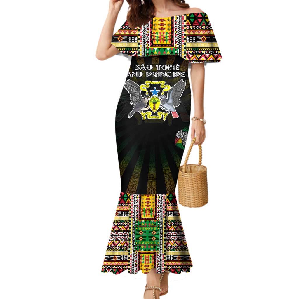 Personalized Sao Tome and Principe Roots Family Matching Mermaid Dress and Hawaiian Shirt African Map in Fingerprint and Tribal Colors