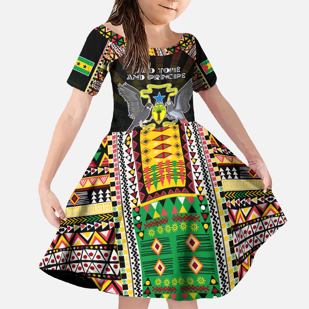 Personalized Sao Tome and Principe Roots Family Matching Off The Shoulder Long Sleeve Dress and Hawaiian Shirt African Map in Fingerprint and Tribal Colors