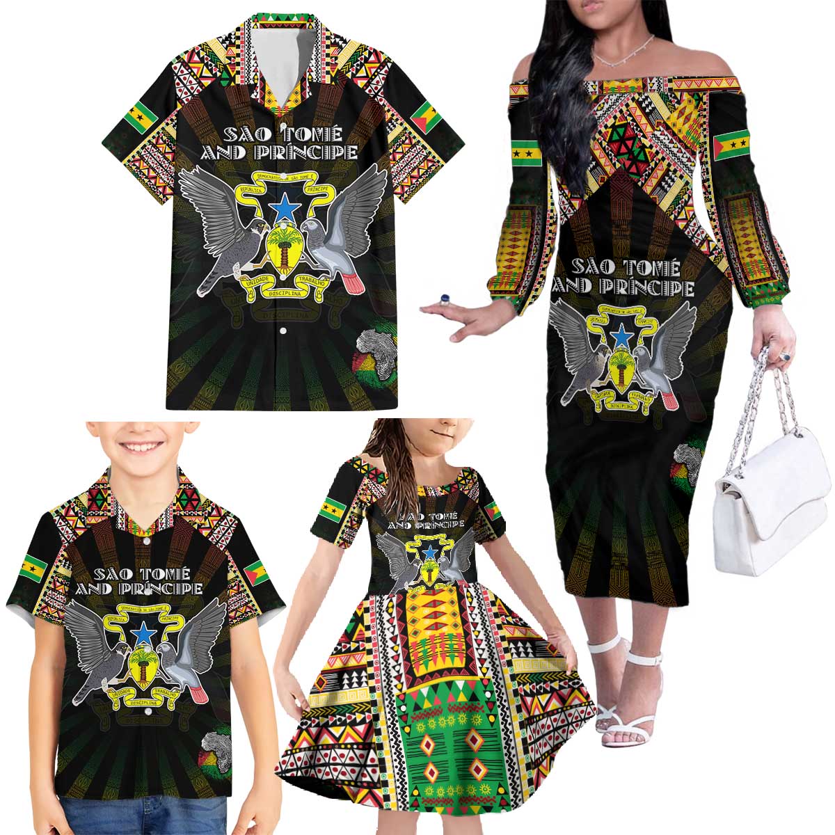 Personalized Sao Tome and Principe Roots Family Matching Off The Shoulder Long Sleeve Dress and Hawaiian Shirt African Map in Fingerprint and Tribal Colors
