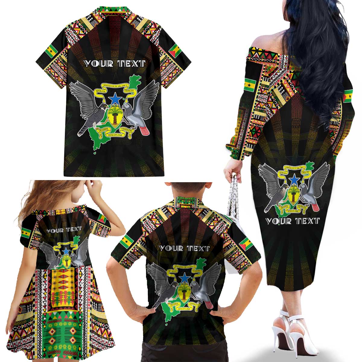Personalized Sao Tome and Principe Roots Family Matching Off The Shoulder Long Sleeve Dress and Hawaiian Shirt African Map in Fingerprint and Tribal Colors