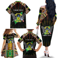 Personalized Sao Tome and Principe Roots Family Matching Off The Shoulder Long Sleeve Dress and Hawaiian Shirt African Map in Fingerprint and Tribal Colors