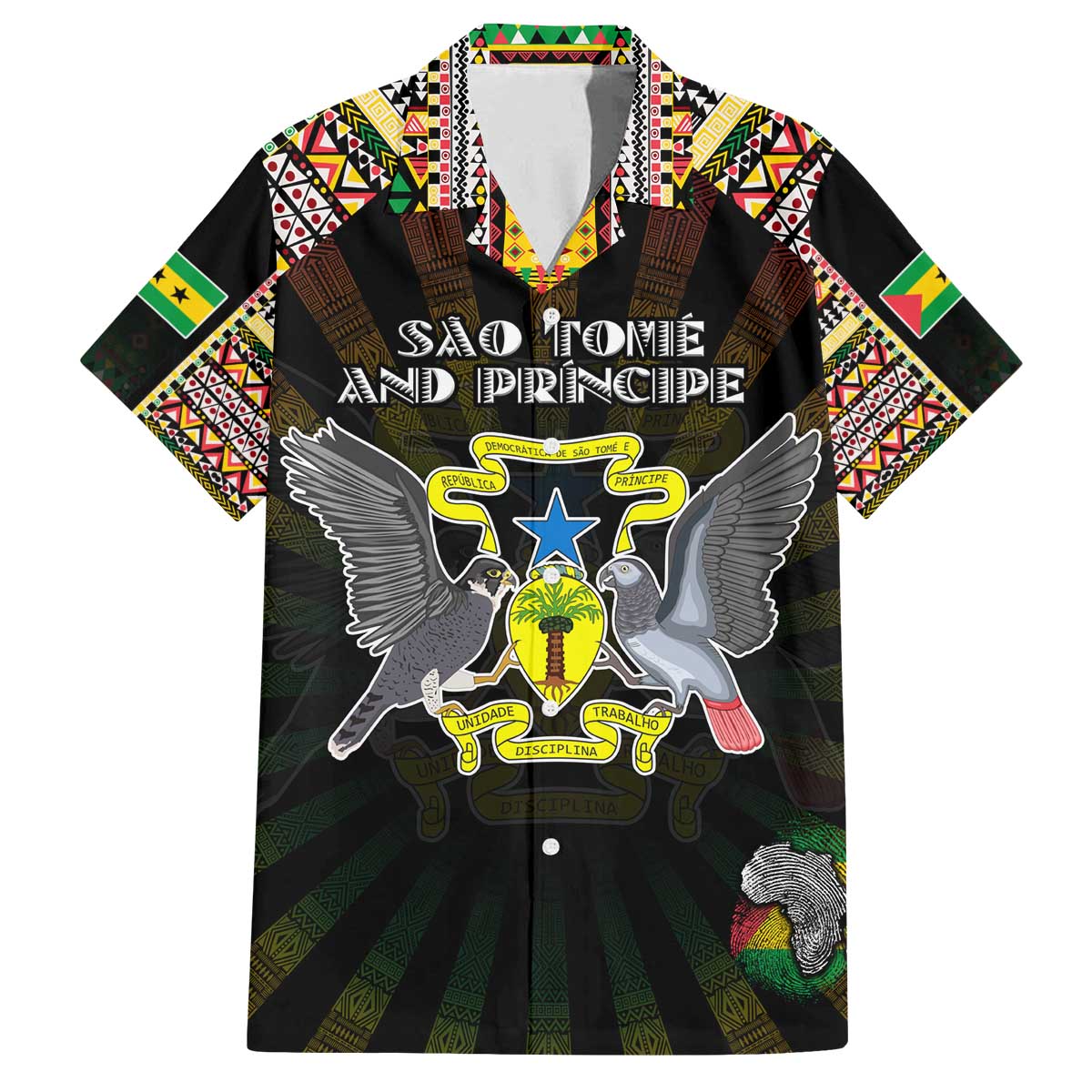 Personalized Sao Tome and Principe Roots Family Matching Off The Shoulder Long Sleeve Dress and Hawaiian Shirt African Map in Fingerprint and Tribal Colors