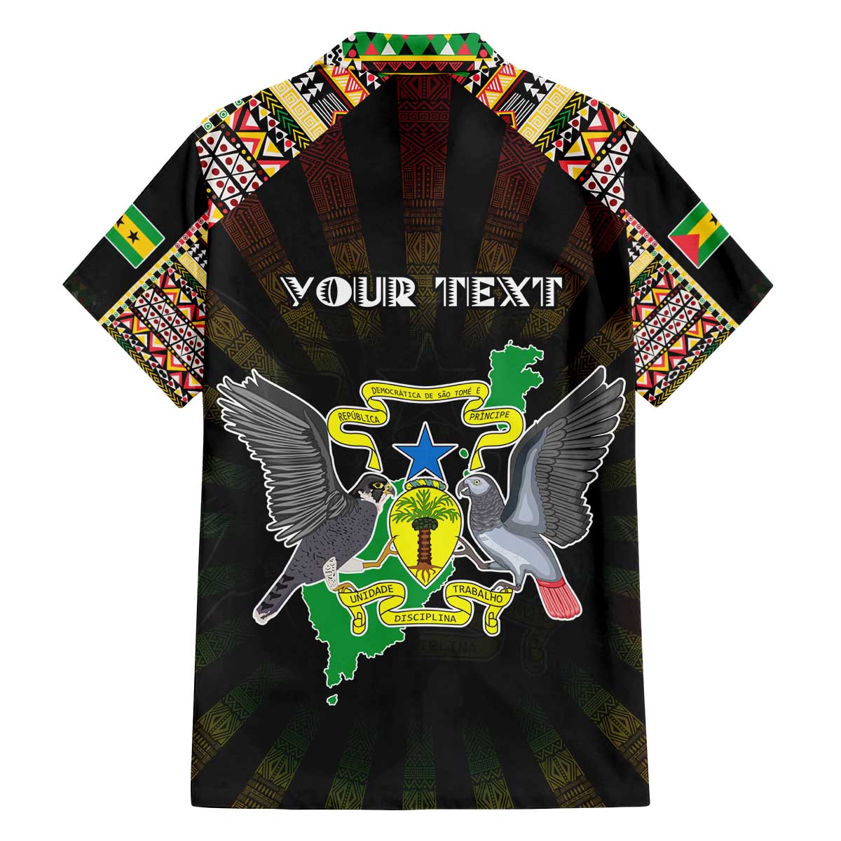 Personalized Sao Tome and Principe Roots Family Matching Off The Shoulder Long Sleeve Dress and Hawaiian Shirt African Map in Fingerprint and Tribal Colors