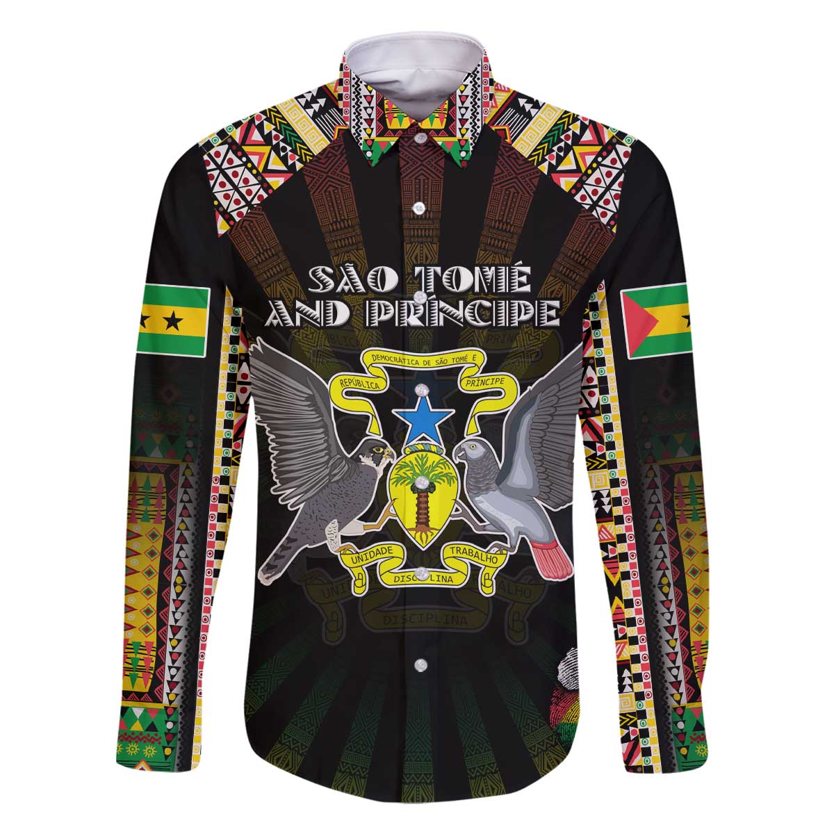 Personalized Sao Tome and Principe Roots Family Matching Off The Shoulder Long Sleeve Dress and Hawaiian Shirt African Map in Fingerprint and Tribal Colors
