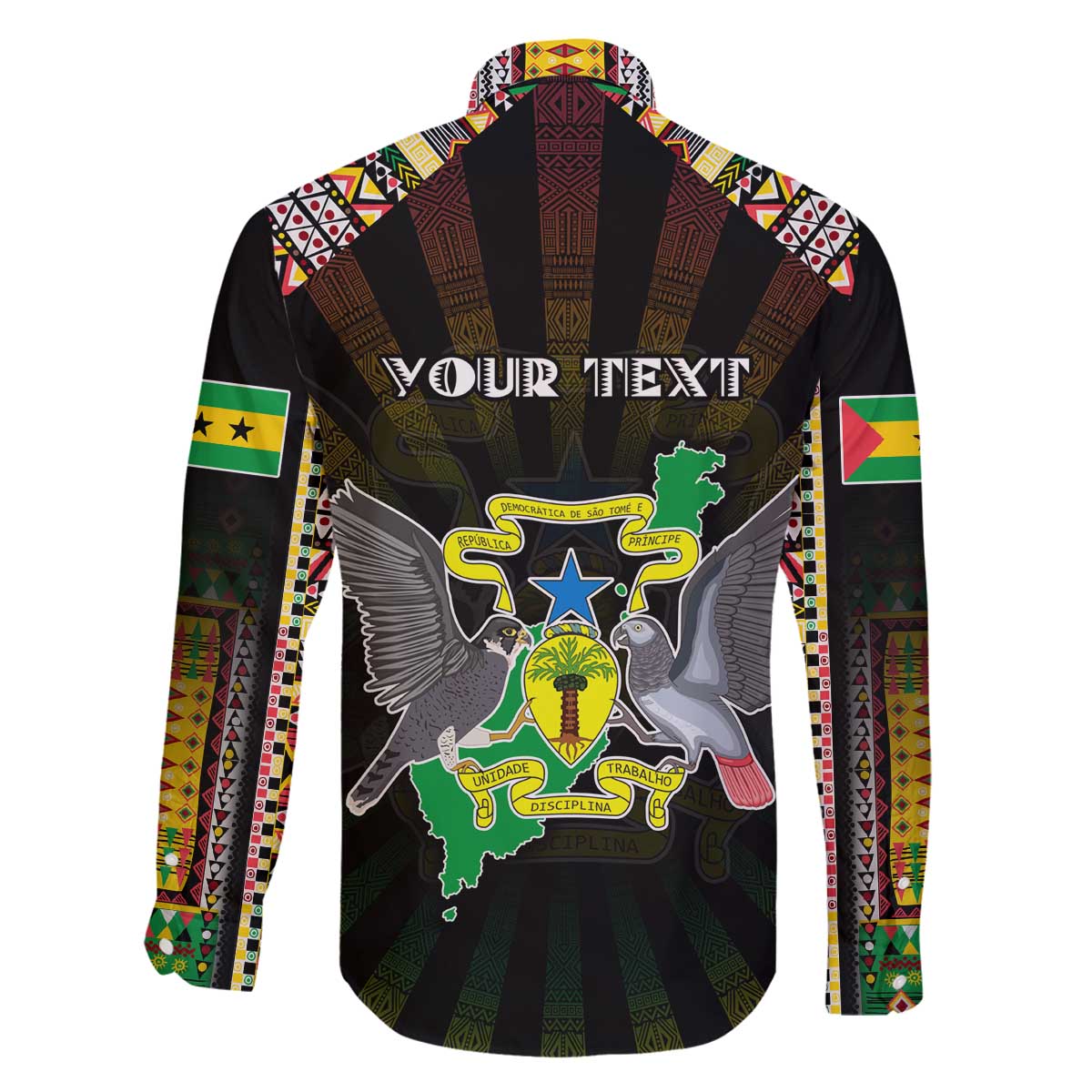 Personalized Sao Tome and Principe Roots Family Matching Off The Shoulder Long Sleeve Dress and Hawaiian Shirt African Map in Fingerprint and Tribal Colors