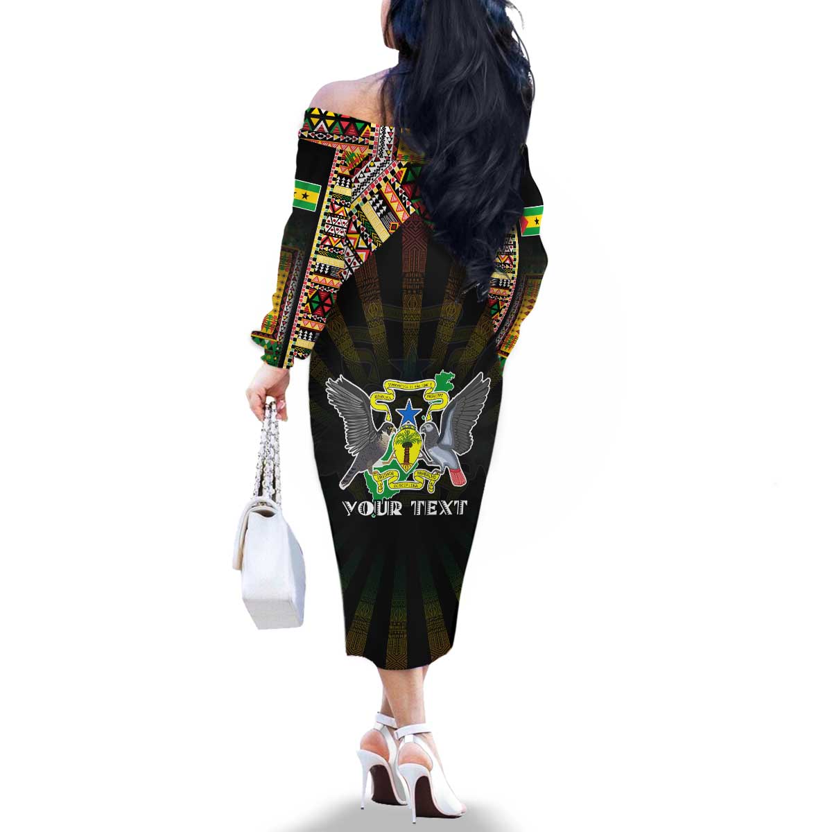 Personalized Sao Tome and Principe Roots Family Matching Off The Shoulder Long Sleeve Dress and Hawaiian Shirt African Map in Fingerprint and Tribal Colors