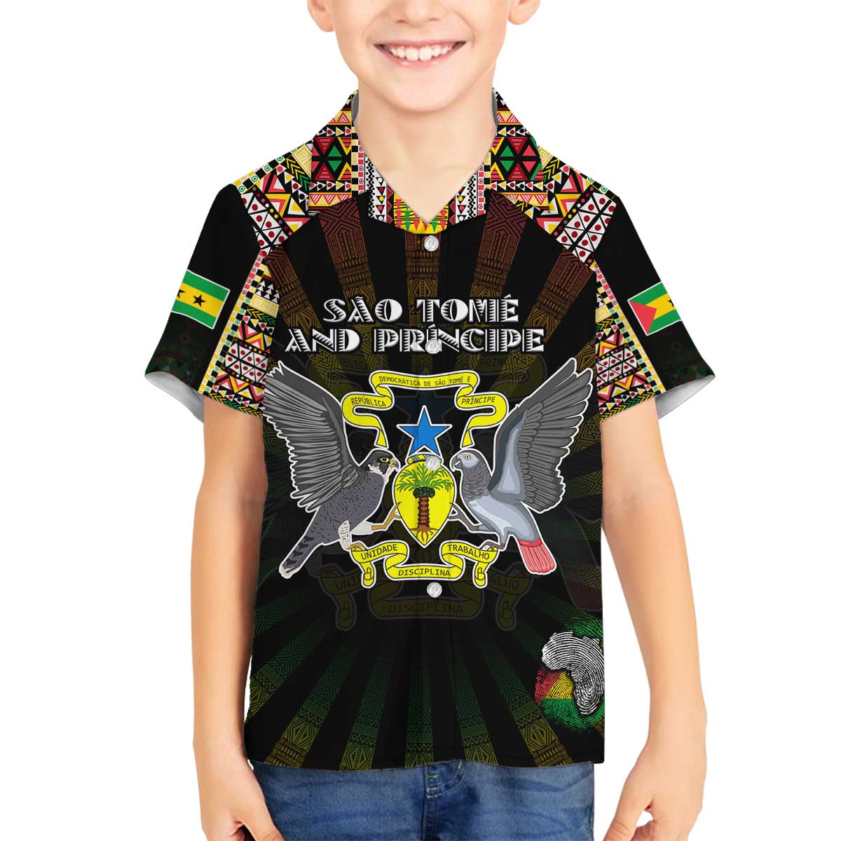 Personalized Sao Tome and Principe Roots Family Matching Off The Shoulder Long Sleeve Dress and Hawaiian Shirt African Map in Fingerprint and Tribal Colors