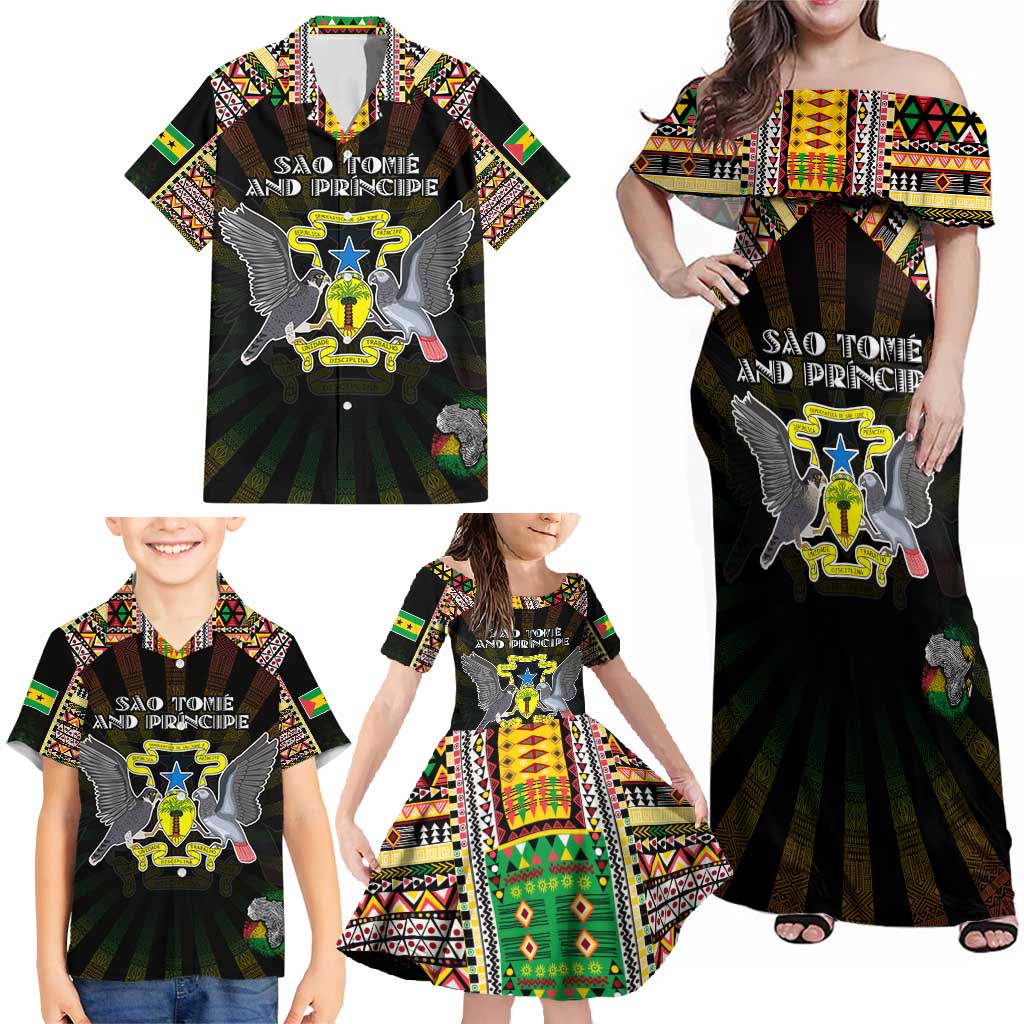 Personalized Sao Tome and Principe Roots Family Matching Off Shoulder Maxi Dress and Hawaiian Shirt African Map in Fingerprint and Tribal Colors