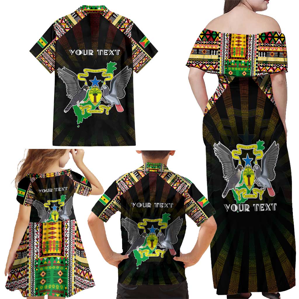 Personalized Sao Tome and Principe Roots Family Matching Off Shoulder Maxi Dress and Hawaiian Shirt African Map in Fingerprint and Tribal Colors