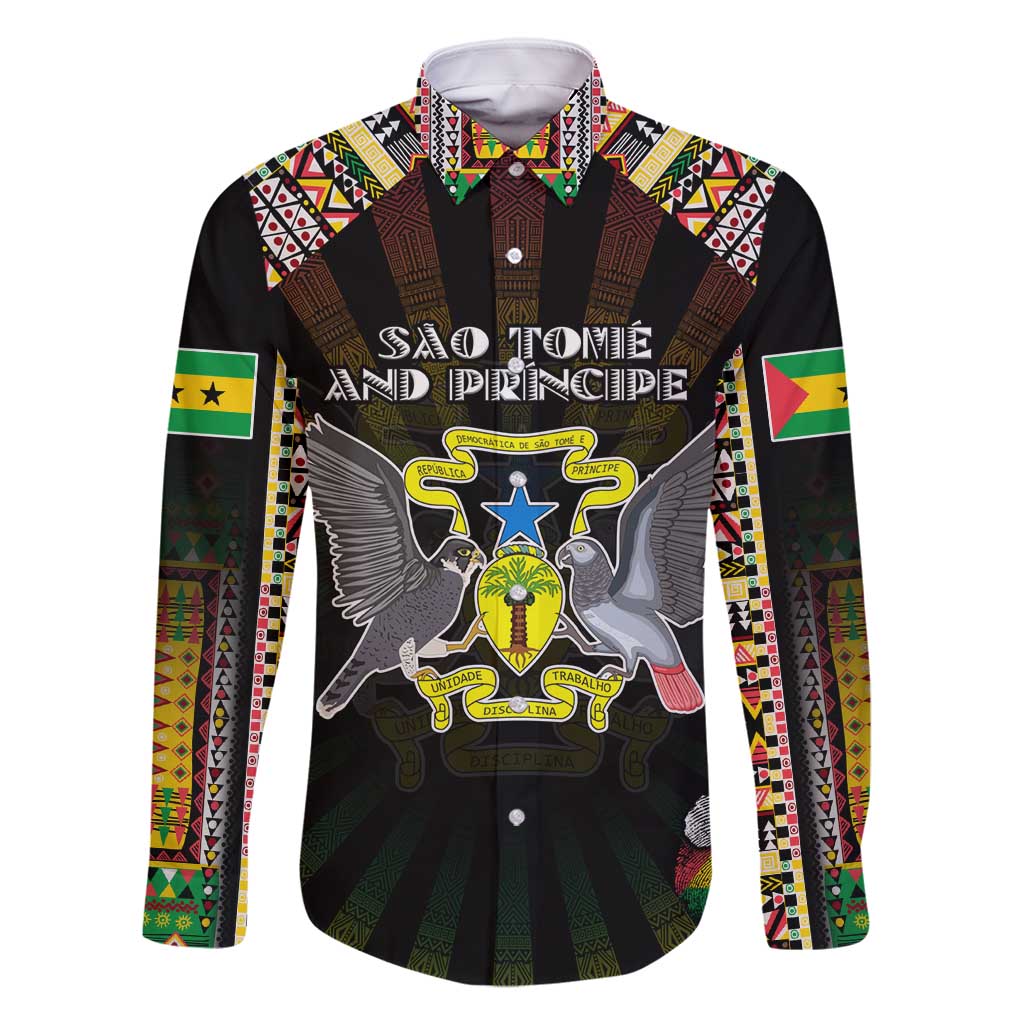 Personalized Sao Tome and Principe Roots Family Matching Off Shoulder Maxi Dress and Hawaiian Shirt African Map in Fingerprint and Tribal Colors