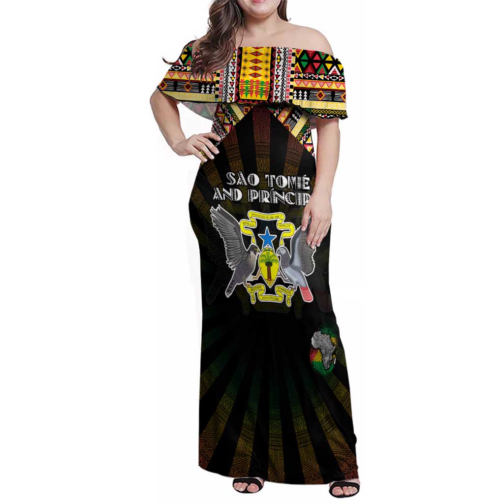 Personalized Sao Tome and Principe Roots Family Matching Off Shoulder Maxi Dress and Hawaiian Shirt African Map in Fingerprint and Tribal Colors