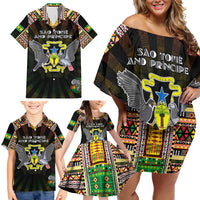 Personalized Sao Tome and Principe Roots Family Matching Off Shoulder Short Dress and Hawaiian Shirt African Map in Fingerprint and Tribal Colors