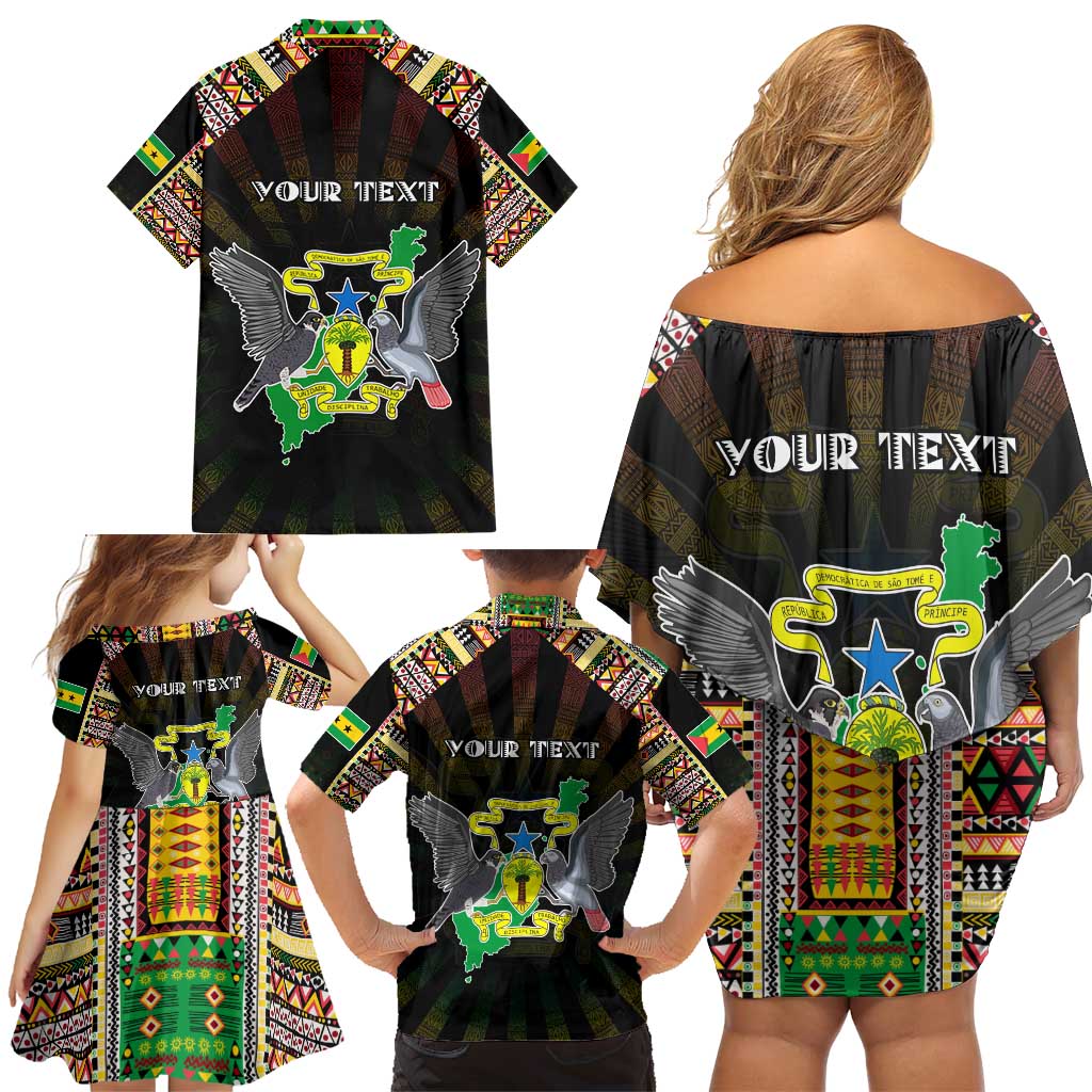 Personalized Sao Tome and Principe Roots Family Matching Off Shoulder Short Dress and Hawaiian Shirt African Map in Fingerprint and Tribal Colors