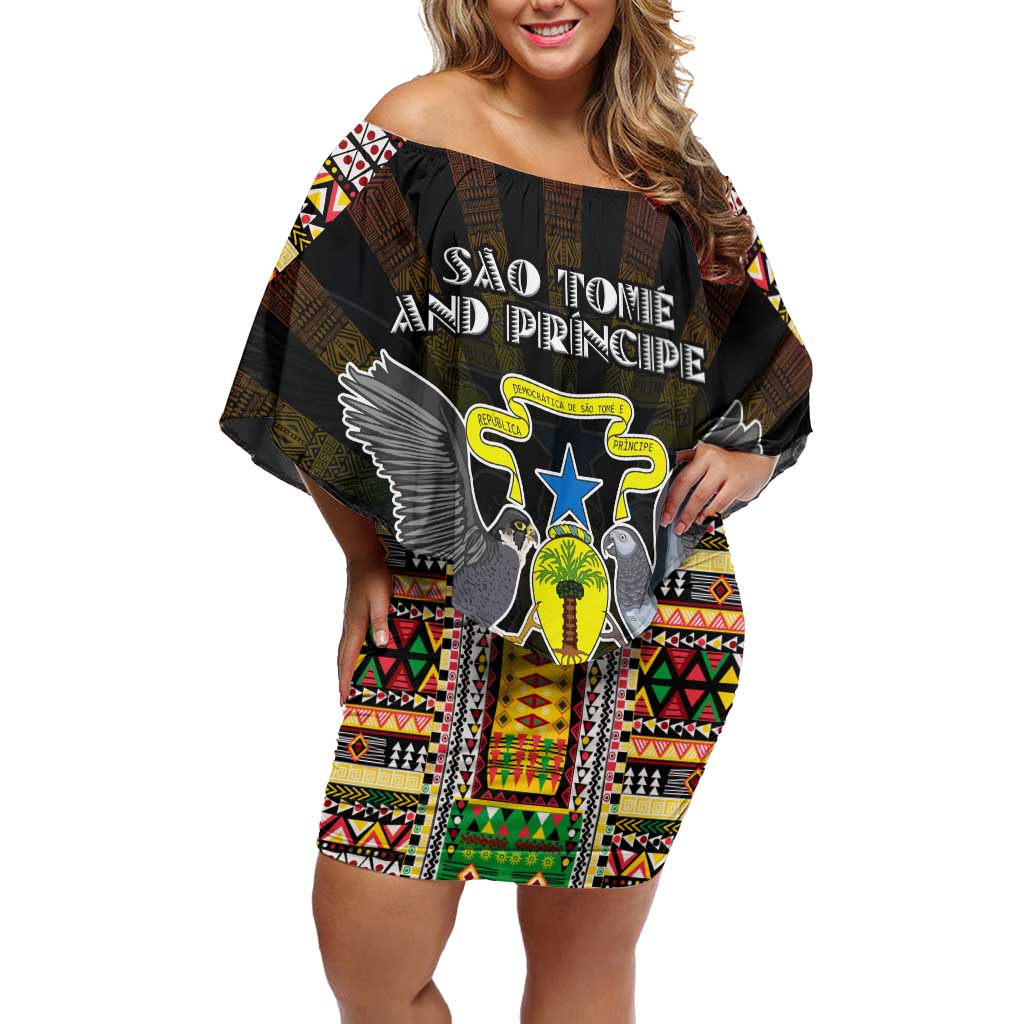 Personalized Sao Tome and Principe Roots Family Matching Off Shoulder Short Dress and Hawaiian Shirt African Map in Fingerprint and Tribal Colors