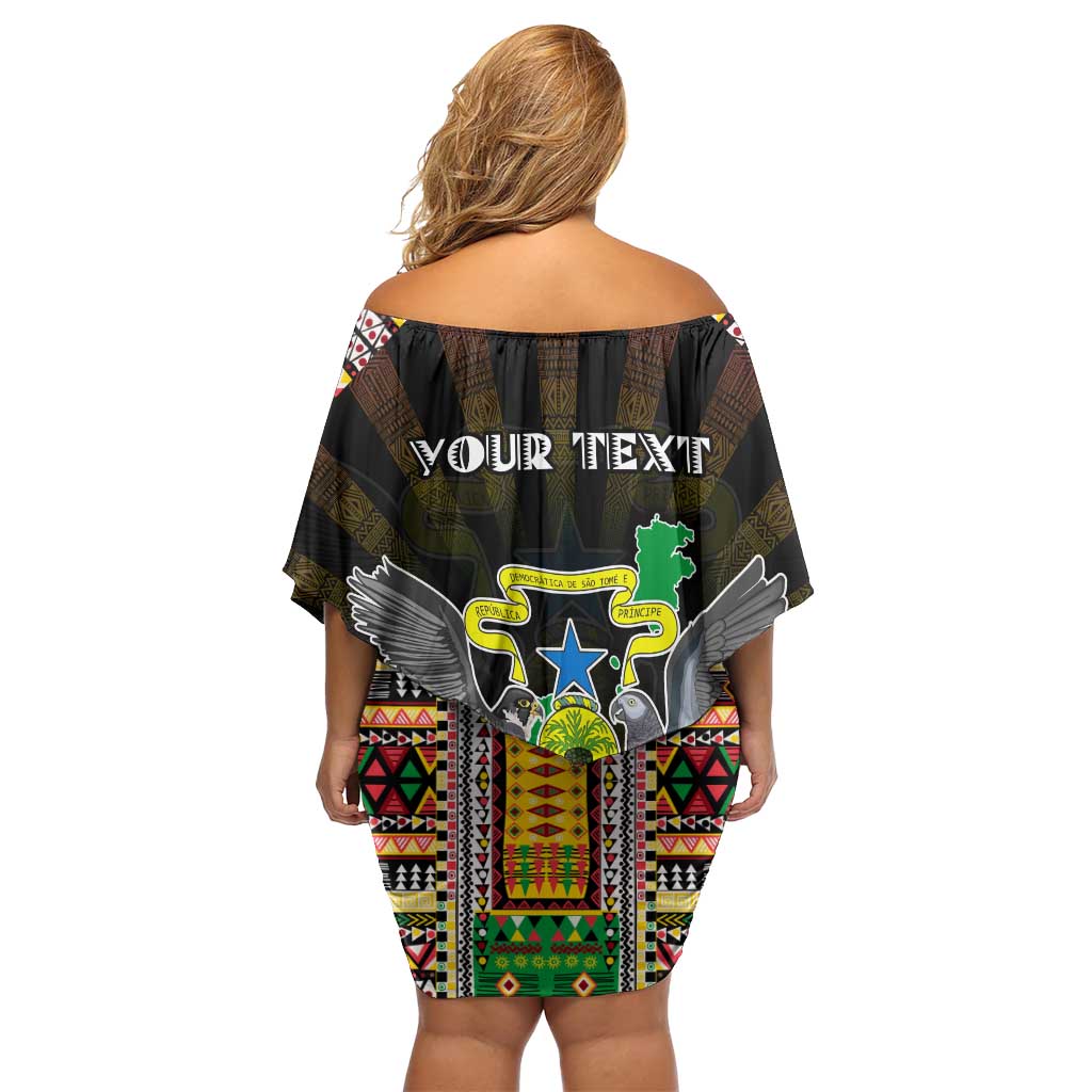 Personalized Sao Tome and Principe Roots Family Matching Off Shoulder Short Dress and Hawaiian Shirt African Map in Fingerprint and Tribal Colors