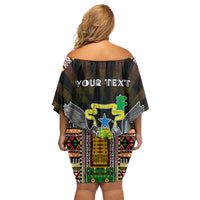 Personalized Sao Tome and Principe Roots Family Matching Off Shoulder Short Dress and Hawaiian Shirt African Map in Fingerprint and Tribal Colors