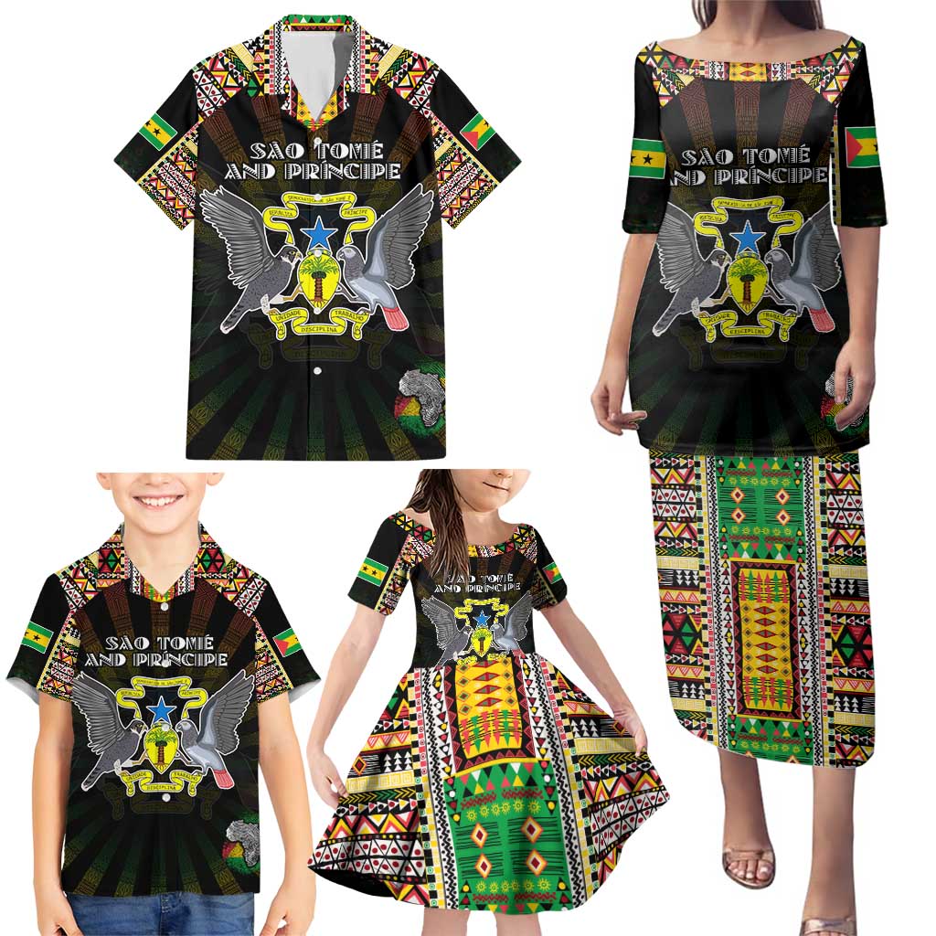 Personalized Sao Tome and Principe Roots Family Matching Puletasi and Hawaiian Shirt African Map in Fingerprint and Tribal Colors