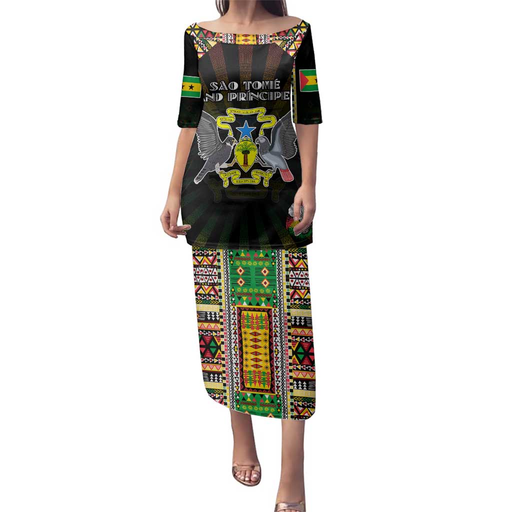 Personalized Sao Tome and Principe Roots Family Matching Puletasi and Hawaiian Shirt African Map in Fingerprint and Tribal Colors