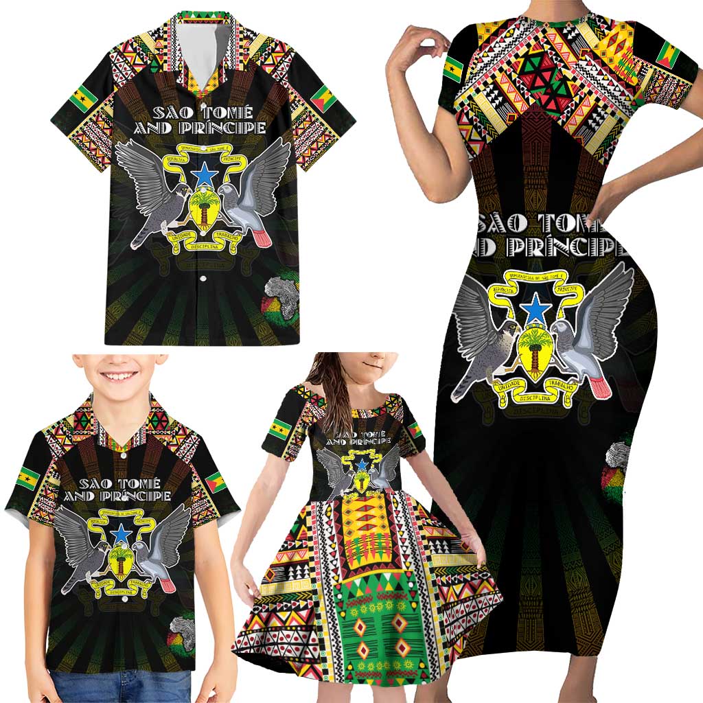 Personalized Sao Tome and Principe Roots Family Matching Short Sleeve Bodycon Dress and Hawaiian Shirt African Map in Fingerprint and Tribal Colors