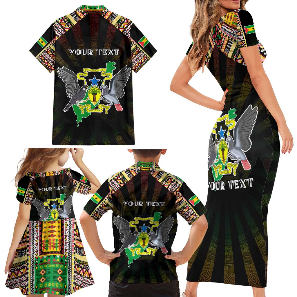Personalized Sao Tome and Principe Roots Family Matching Short Sleeve Bodycon Dress and Hawaiian Shirt African Map in Fingerprint and Tribal Colors