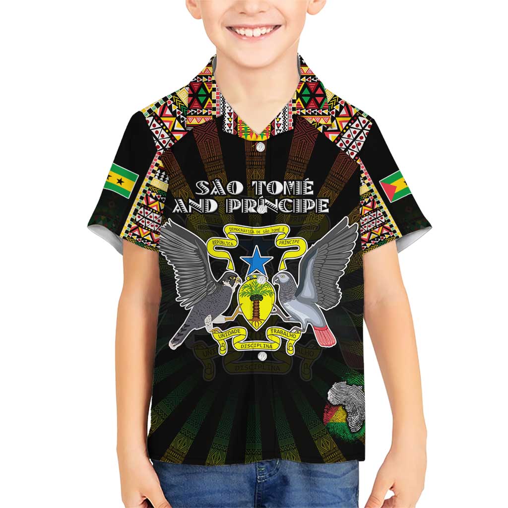 Personalized Sao Tome and Principe Roots Family Matching Short Sleeve Bodycon Dress and Hawaiian Shirt African Map in Fingerprint and Tribal Colors